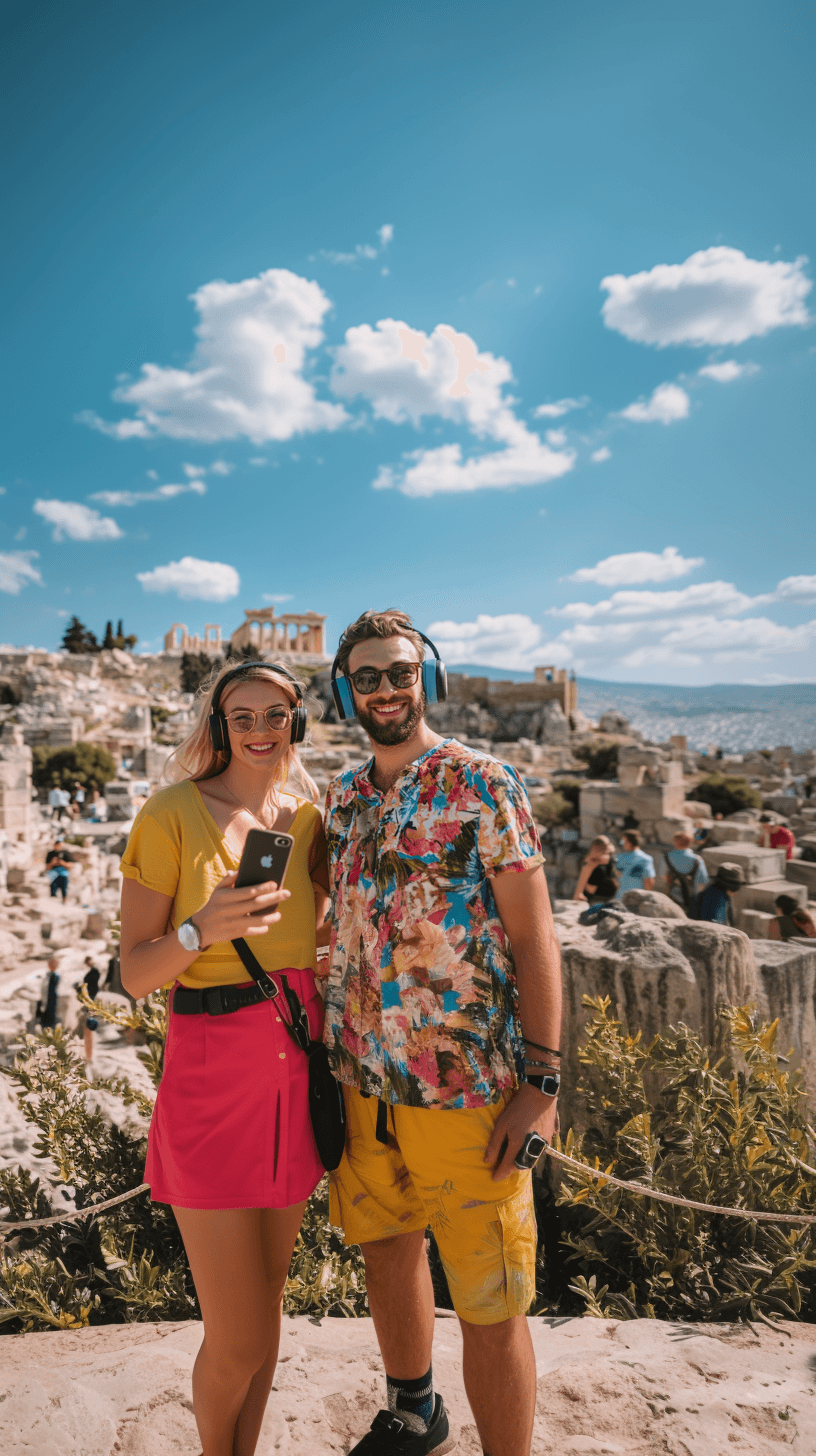 Couple at the Acropolis with audio guide