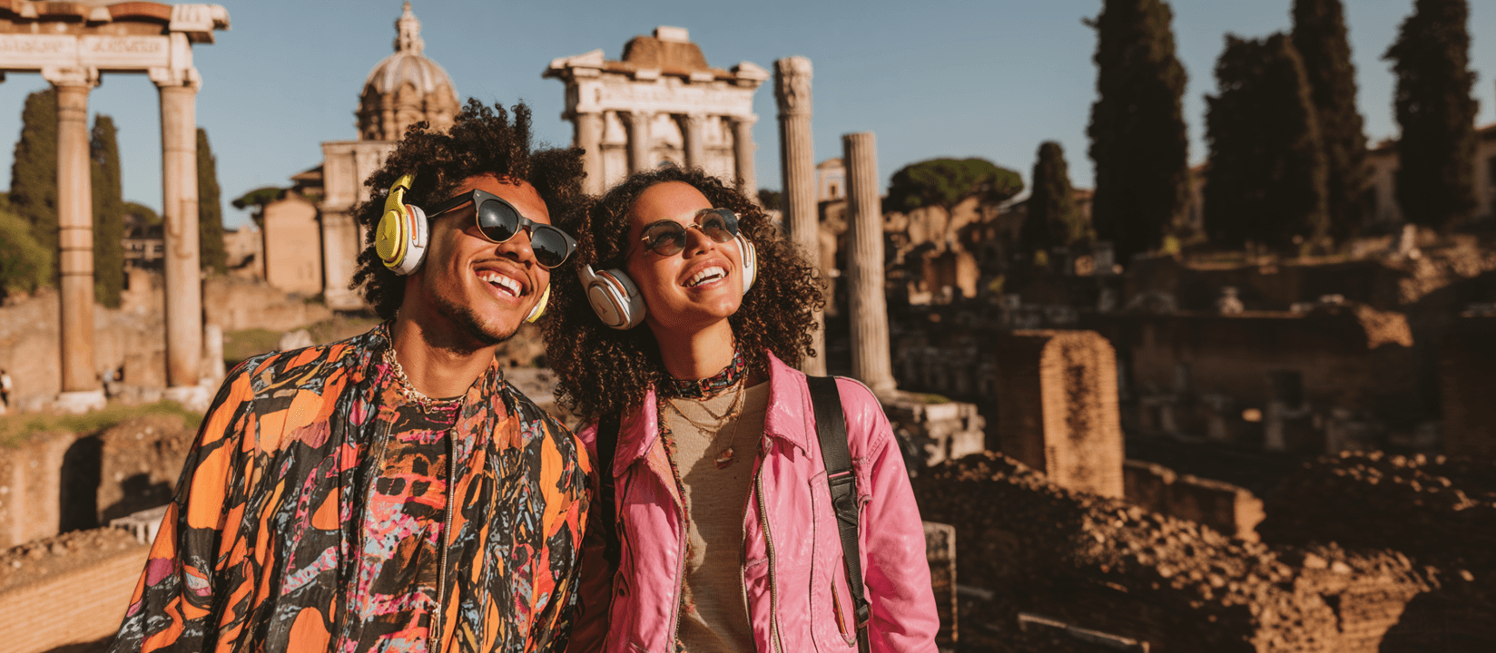 Couple enjoying an AI-powered audio tour at the Roman Forum during golden hour
