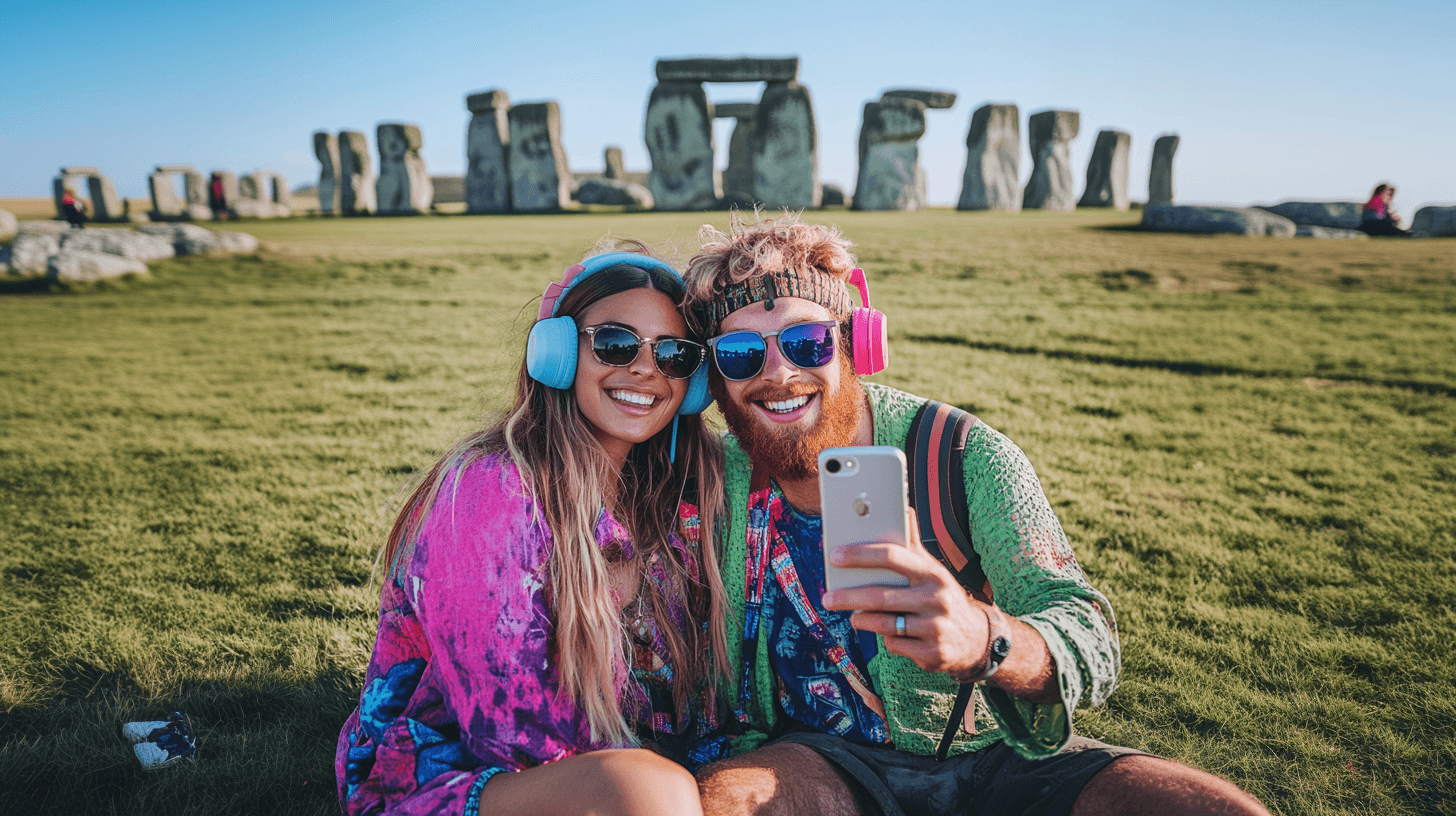 Couple at Stonehenge using AI audio tour guide