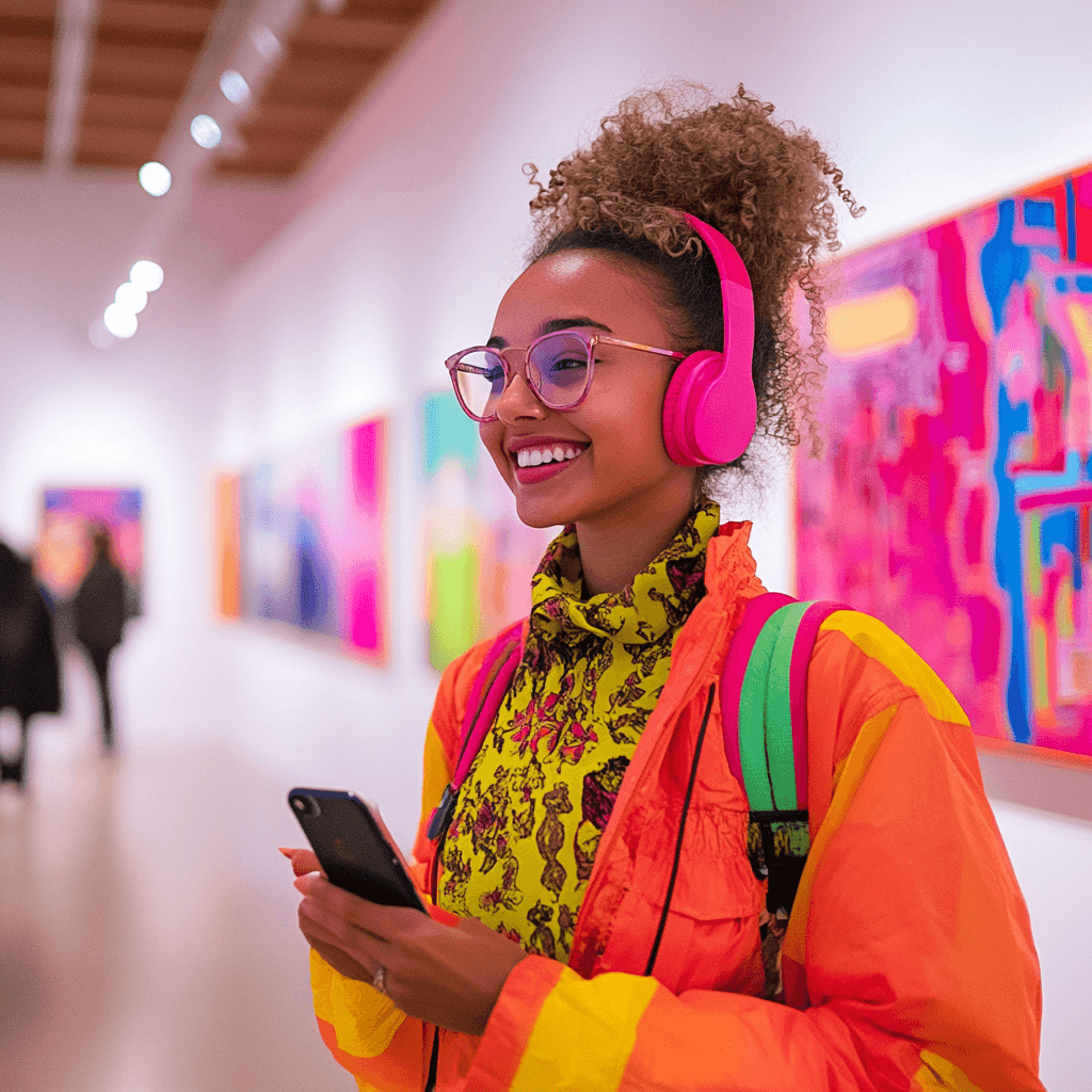 Visitor with headphones enjoying an audio guide in a vibrant art gallery