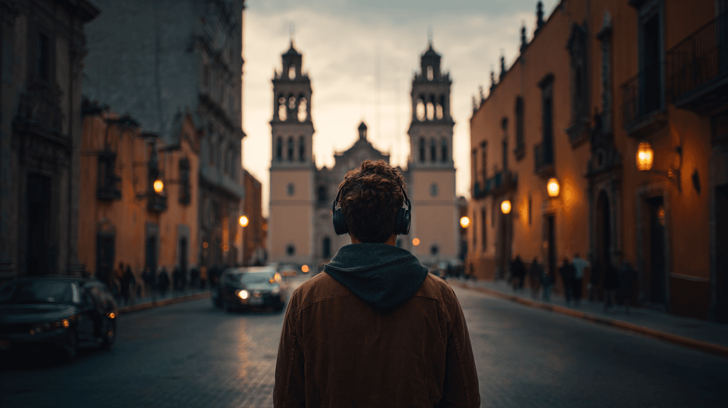 Solo traveler with AI audio guide facing a majestic cathedral at dusk