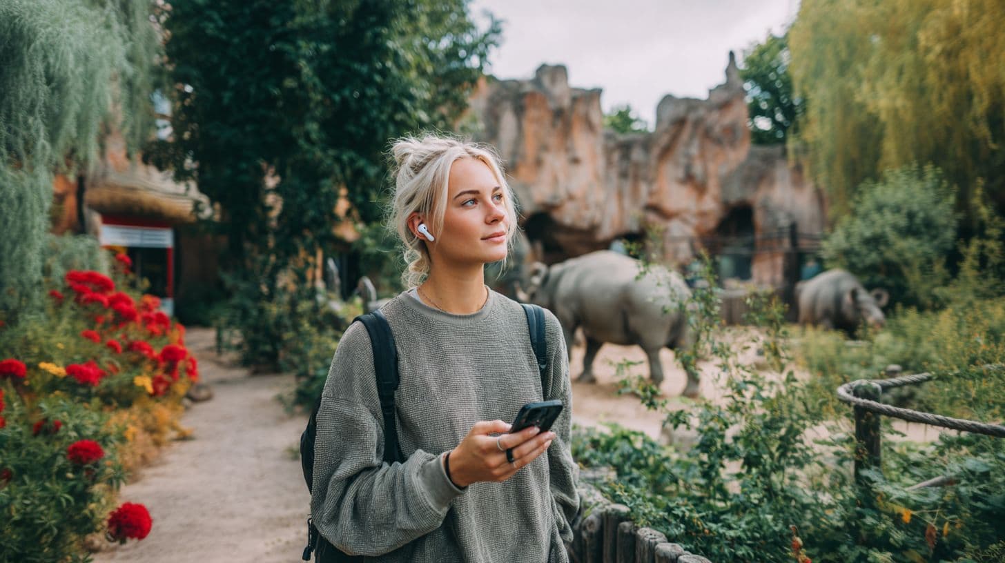 Woman at zoo with rhino enjoying an AI-powered personal audio guide