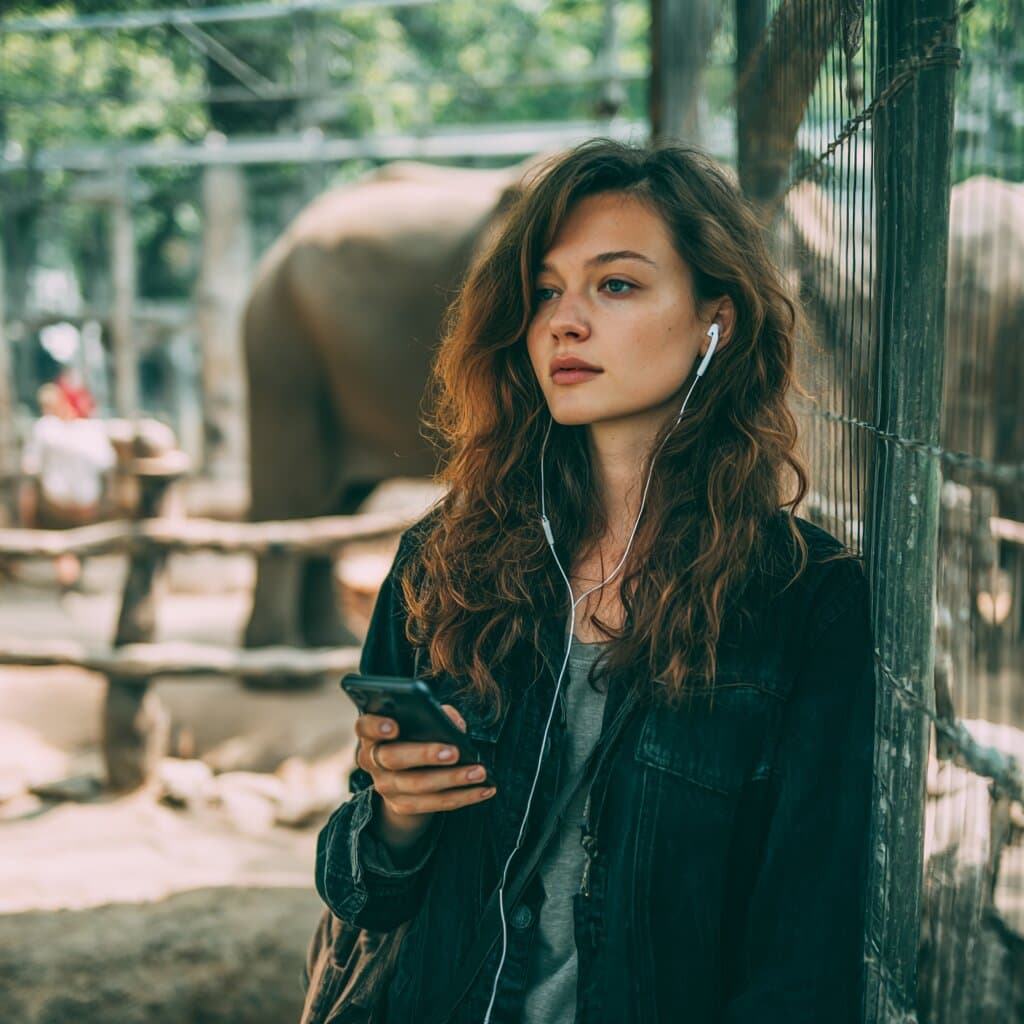 Woman with earbuds and phone at an elephant exhibit using an AI audio guide