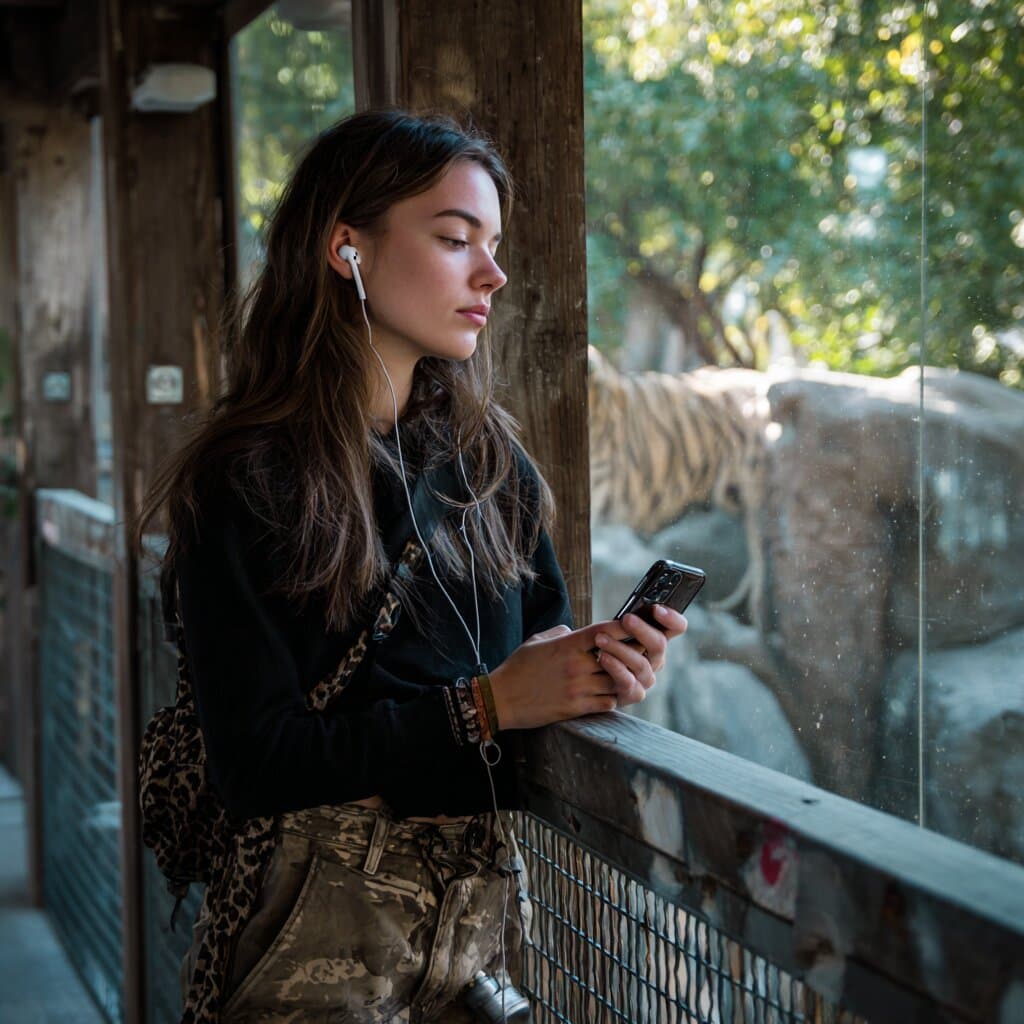 Young woman with earbuds and phone listening to an AI audio guide at a tiger exhibit