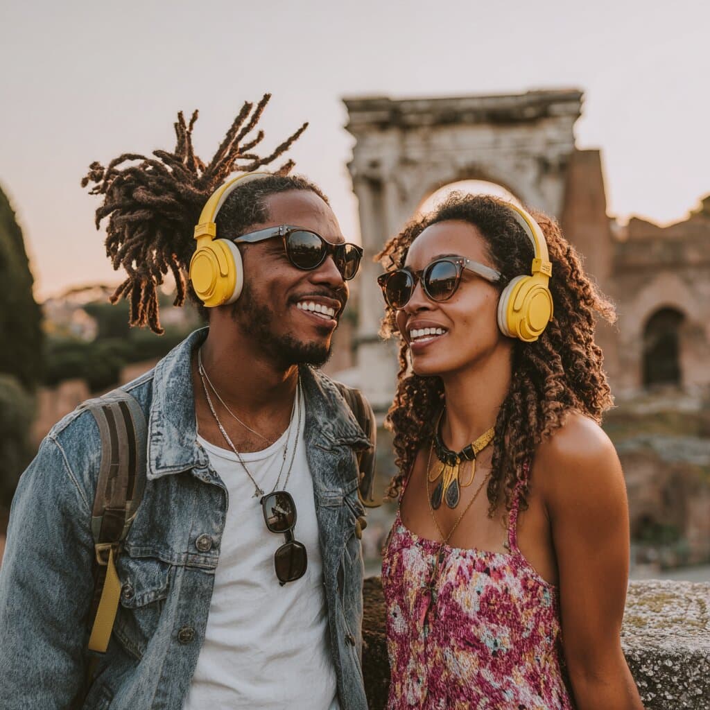 Couple with headphones smiling in wonder at historic ruins during golden hour