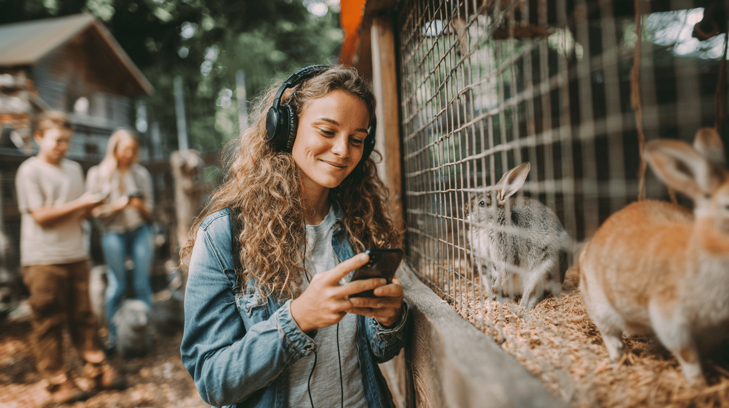 Family enjoying audio guide at a petting zoo