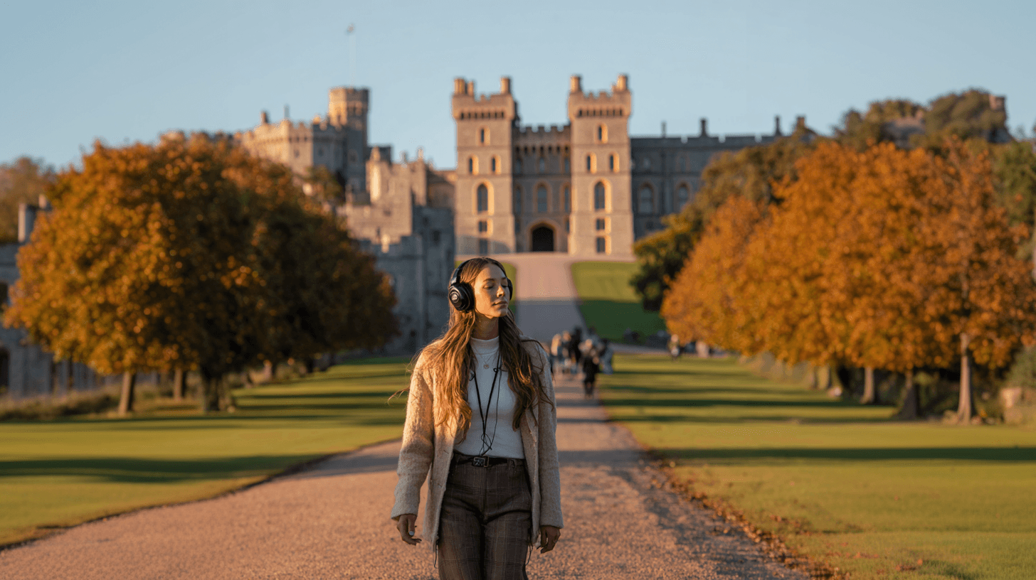 Woman walking toward castle in autumn with AI audio guide