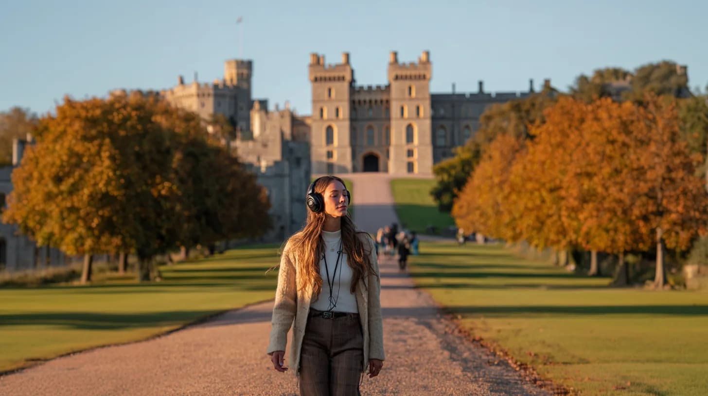 Woman walking toward a castle with Roam
