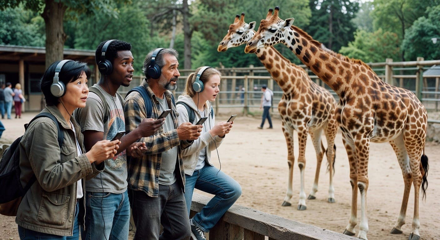 Zoo visitors using guided audio near giraffes