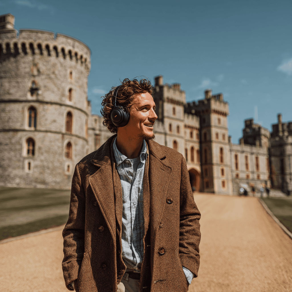 Man in tweed coat using a personal AI audio guide at Windsor Castle
