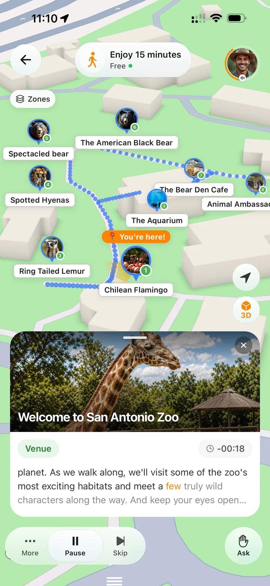 Roam zoo map with route, exhibit markers, and welcome story card