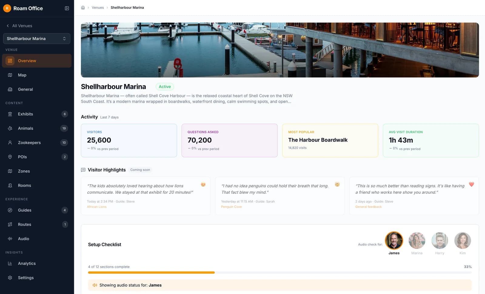 Roam Office dashboard showing venue activity, visitor questions, and setup progress