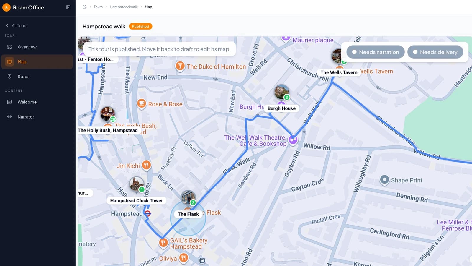 Roam Office tour map editor showing numbered stops and a walking route across a venue