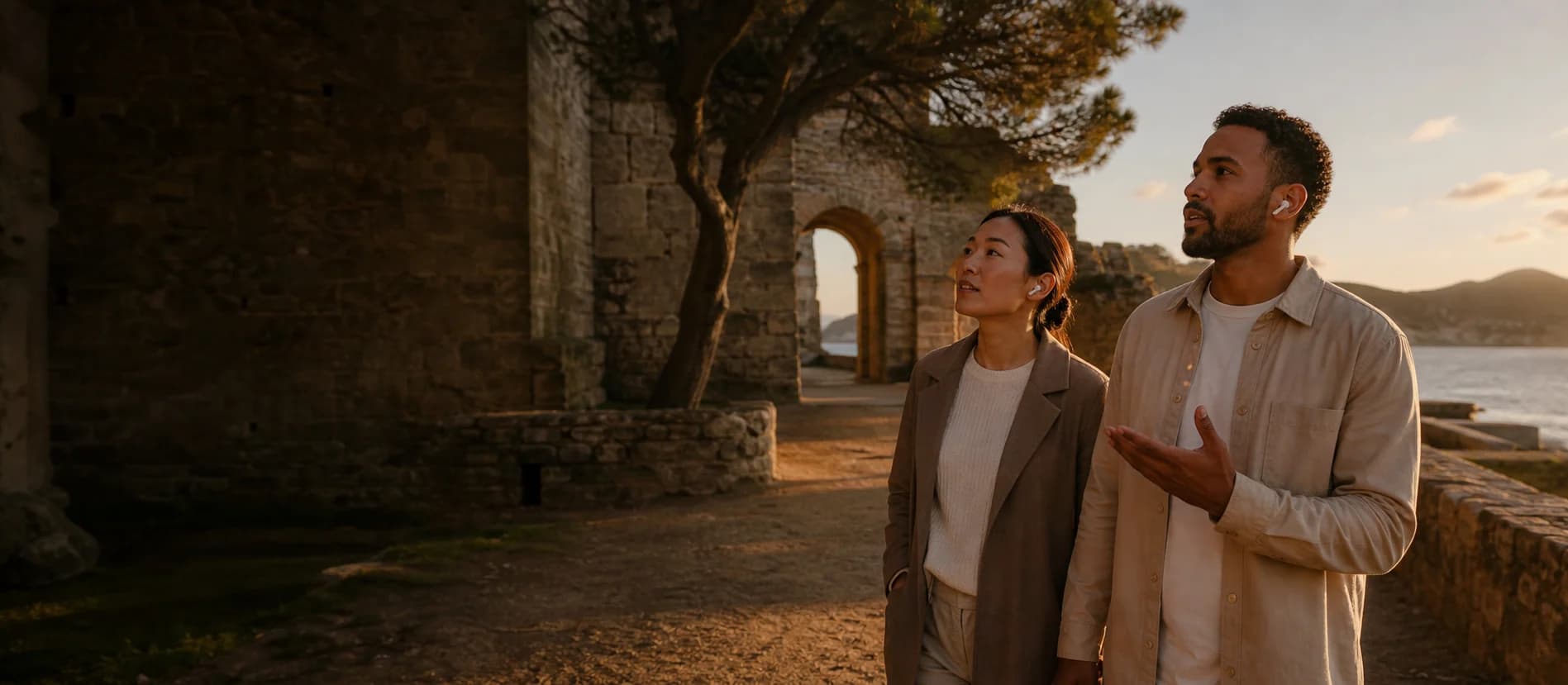 Visitors exploring a historic destination with Roam using discreet earbuds