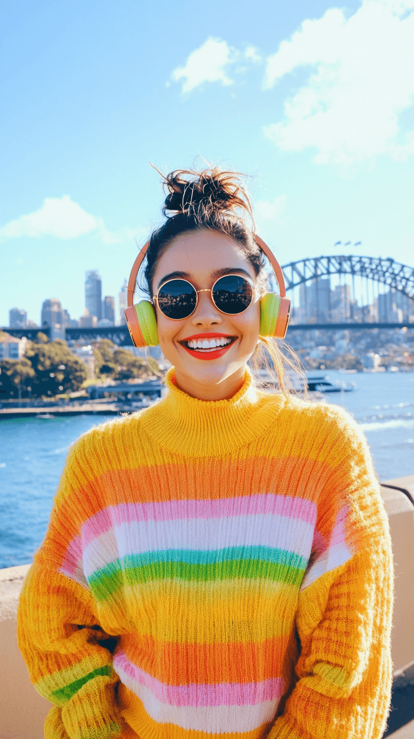 Visitor with headphones smiling in front of Sydney Harbour Bridge