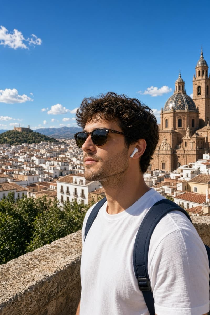 Traveler exploring a historic city with a Roam guide