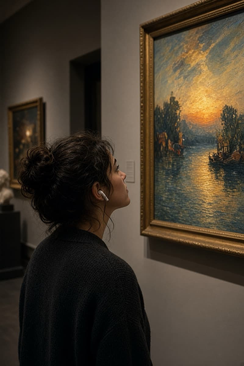 Visitor listening to a Roam guide in an art gallery