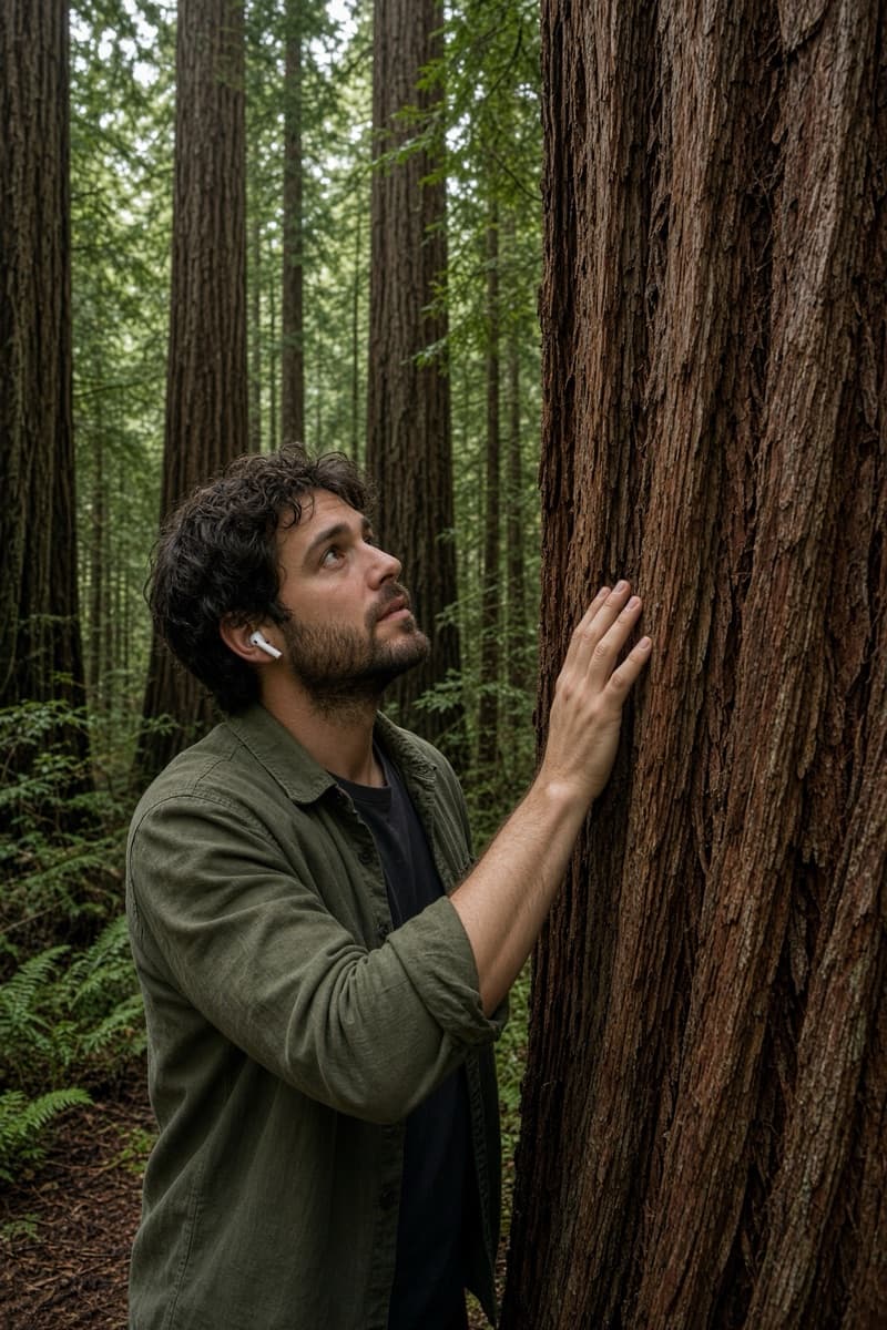 Hiker discovering redwoods with a Roam guide