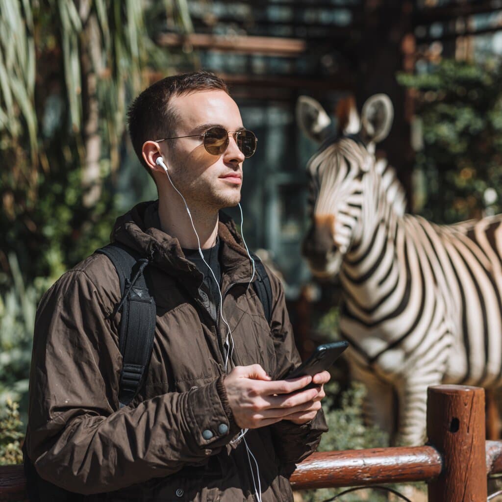 Man with earbuds and phone enjoying an AI audio guide near a zebra exhibit